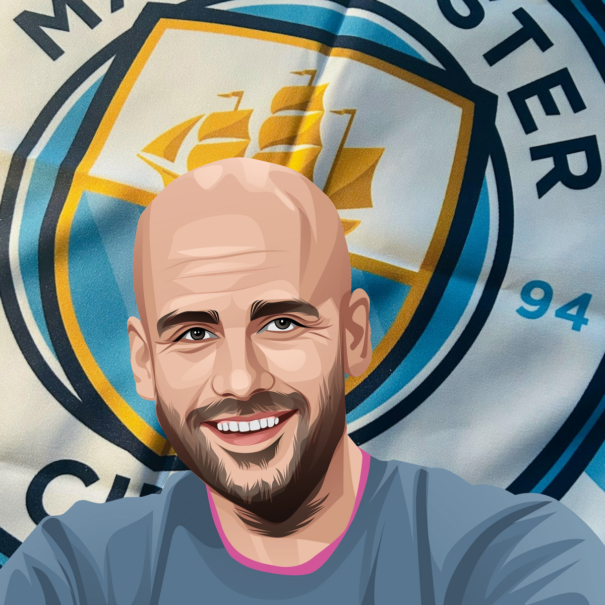 Retrotext Manchester City commemorative mug featuring a graphic illustration of Pep Guardiola against the club crest