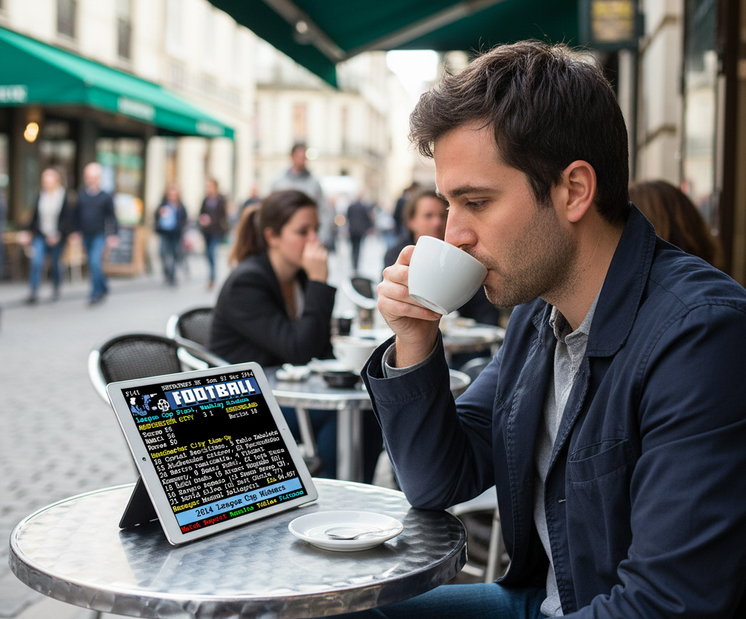 Retrotext Manchester City 2014 League Cup Winners teletext mug on a cafe table next to a man drinking coffee
