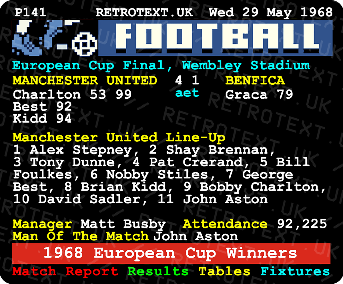 Retrotext Manchester United 1968 European Cup final teletext design on a glossy white 11oz ceramic mug