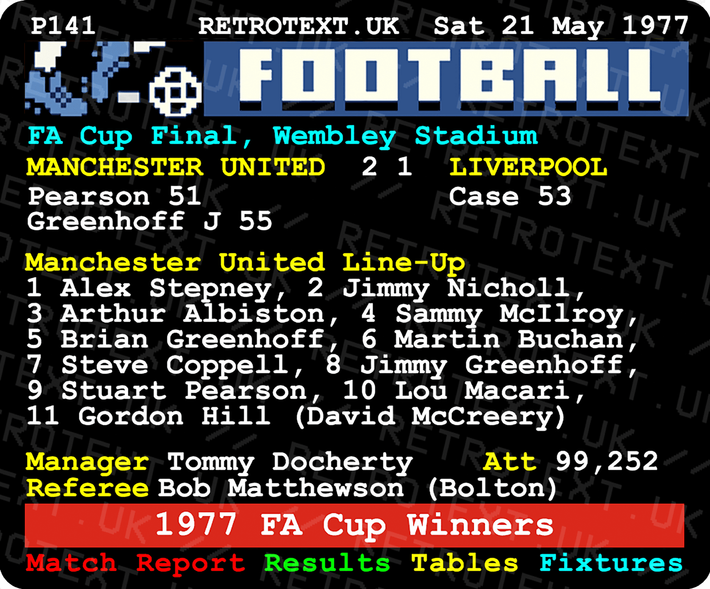 Retrotext Manchester United 1977 FA Cup final teletext design on a glossy white 11oz ceramic mug