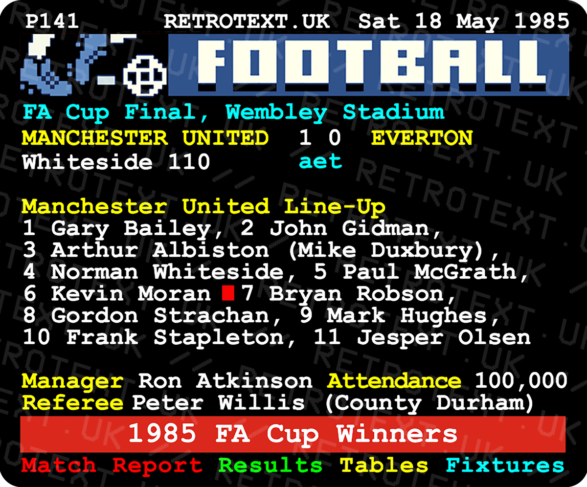 Retrotext Manchester United 1985 FA Cup final teletext design mug featuring Norman Whiteside winning goal details