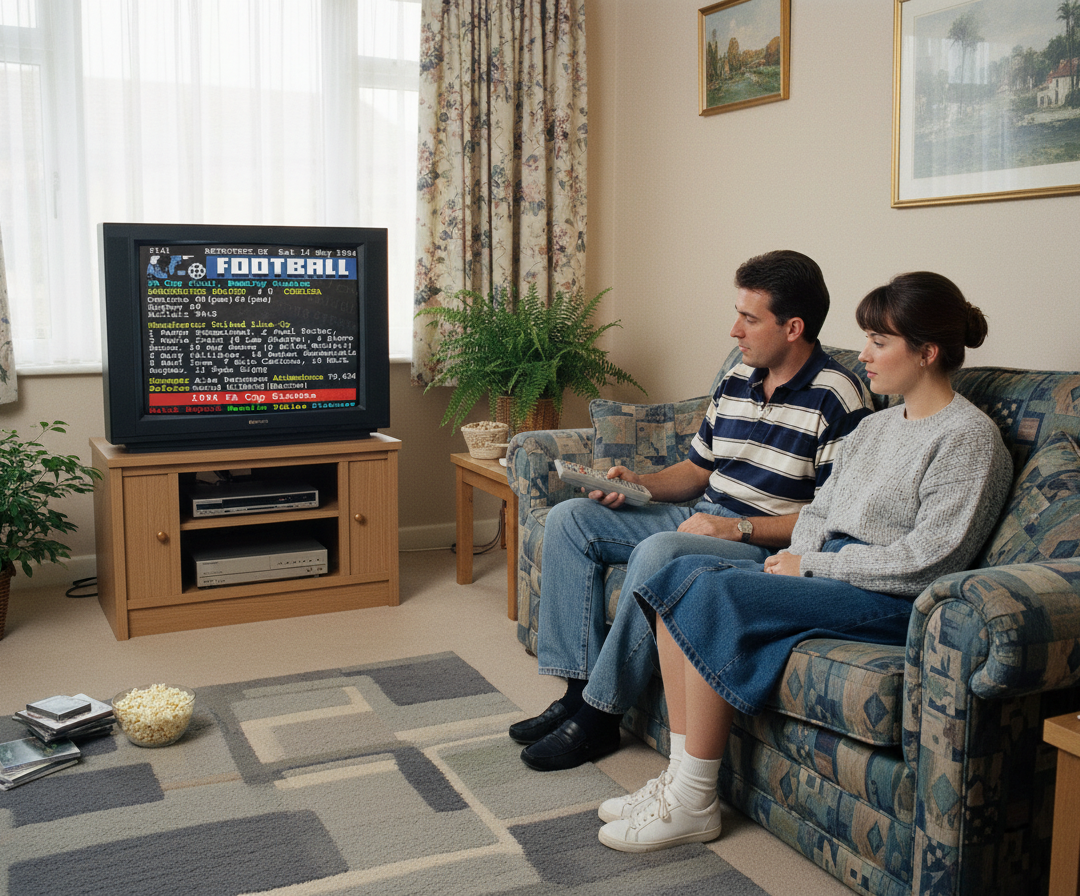 Retrotext Manchester United 1994 FA Cup Eric Cantona Teletext mug on a wooden TV stand in a cozy living room setting