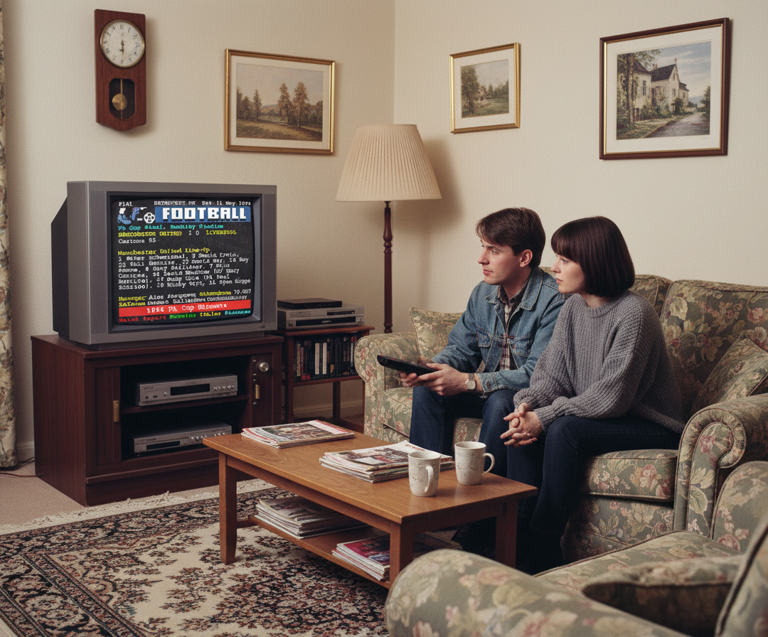 Retrotext Manchester United 1996 FA Cup mug on a wooden coffee table in a vintage living room setting