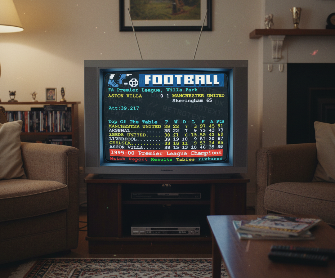 Retrotext Manchester United 2000 Premier League Champions mug featuring a nostalgic teletext football table design.