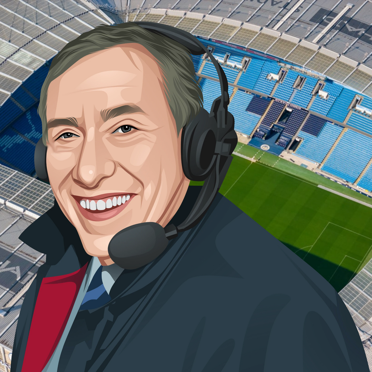 Retrotext mug featuring a cartoon illustration of Martin Tyler with a headset against a Manchester City stadium background