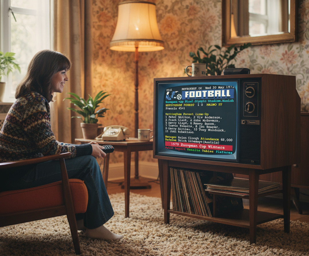 Retrotext mug featuring a 1979 Nottingham Forest European Cup teletext design, sitting on a vintage television set.