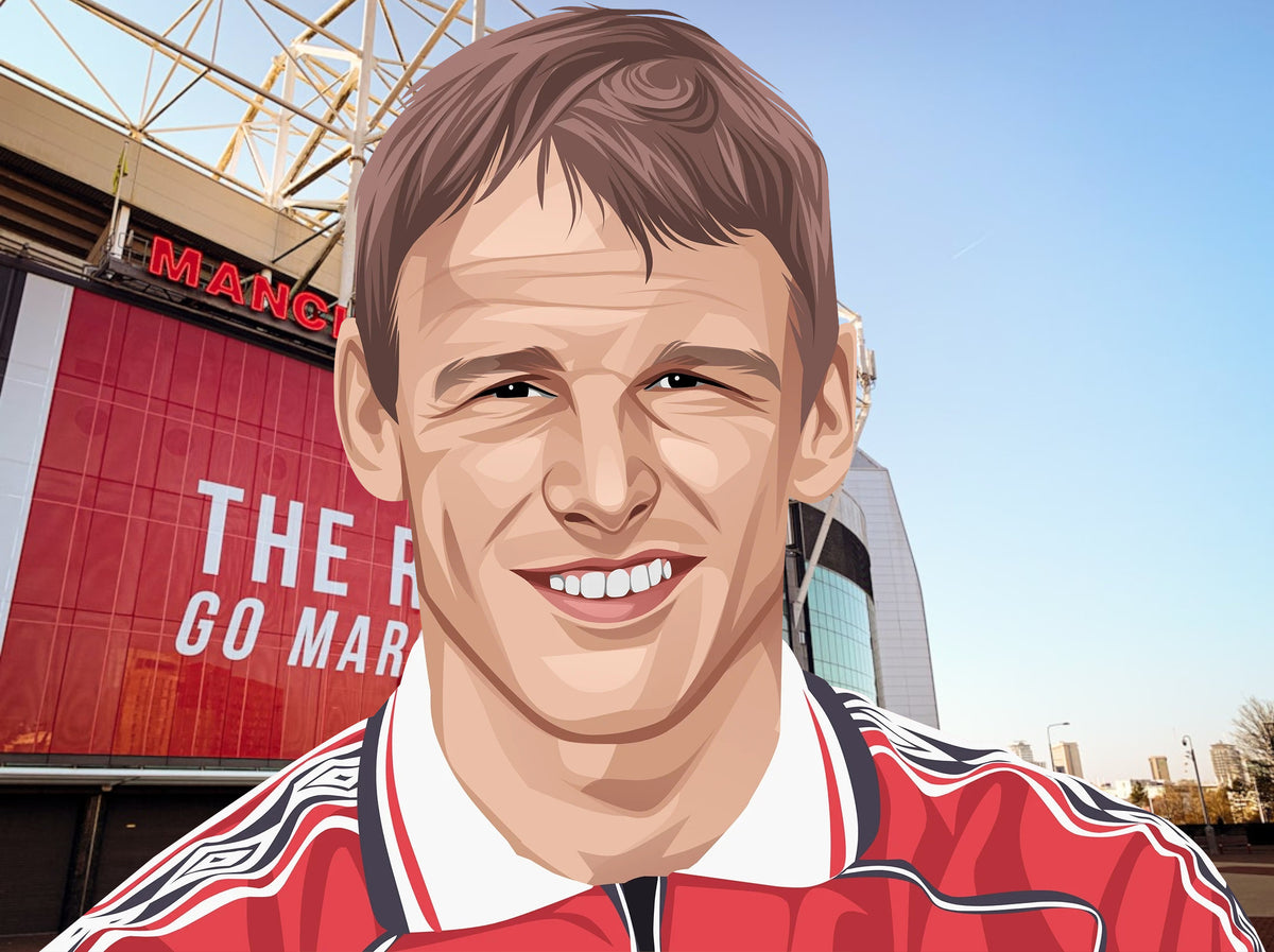 Retrotext mug featuring an illustration of Ole Gunnar Solskjaer in a Manchester United kit against Old Trafford
