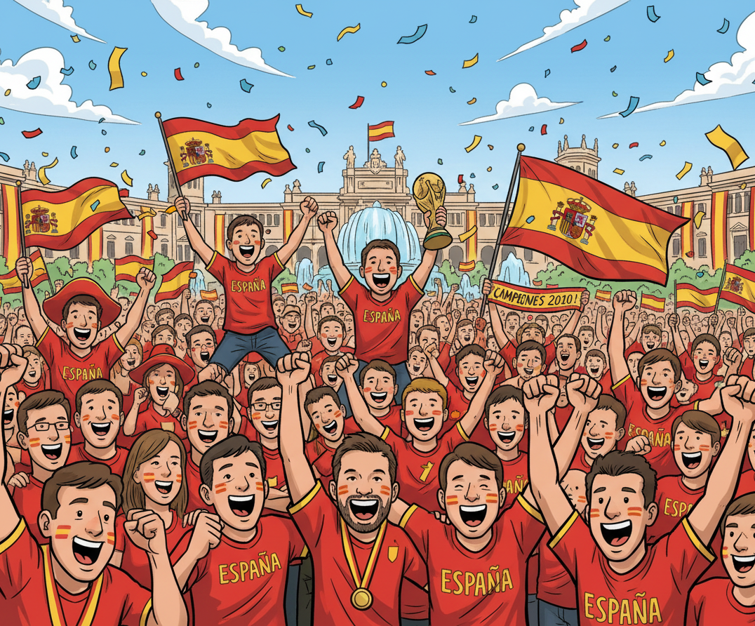 Retrotext 11oz glossy white mug featuring a vibrant illustration of Spanish football fans celebrating the 2010 win.