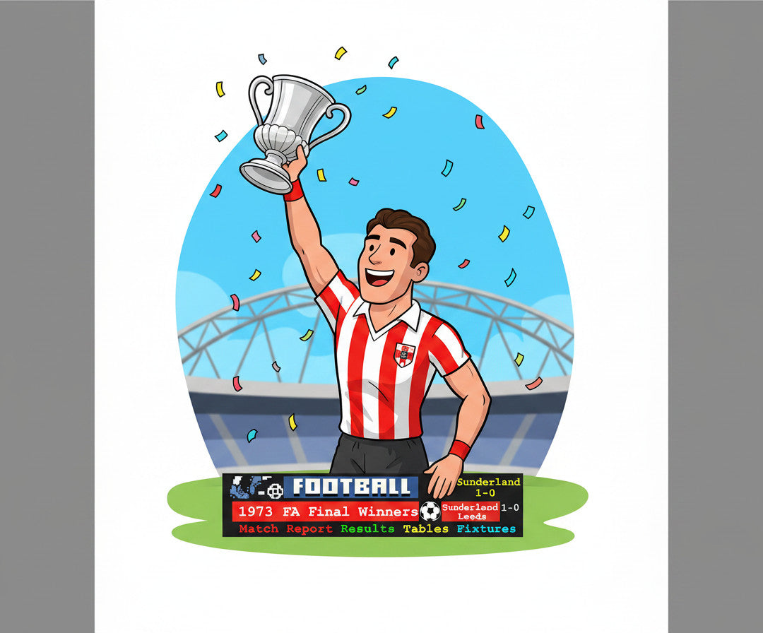 Retrotext Sunderland 1973 FA Cup winner Jim Montgomery illustration on a glossy white 11oz ceramic mug