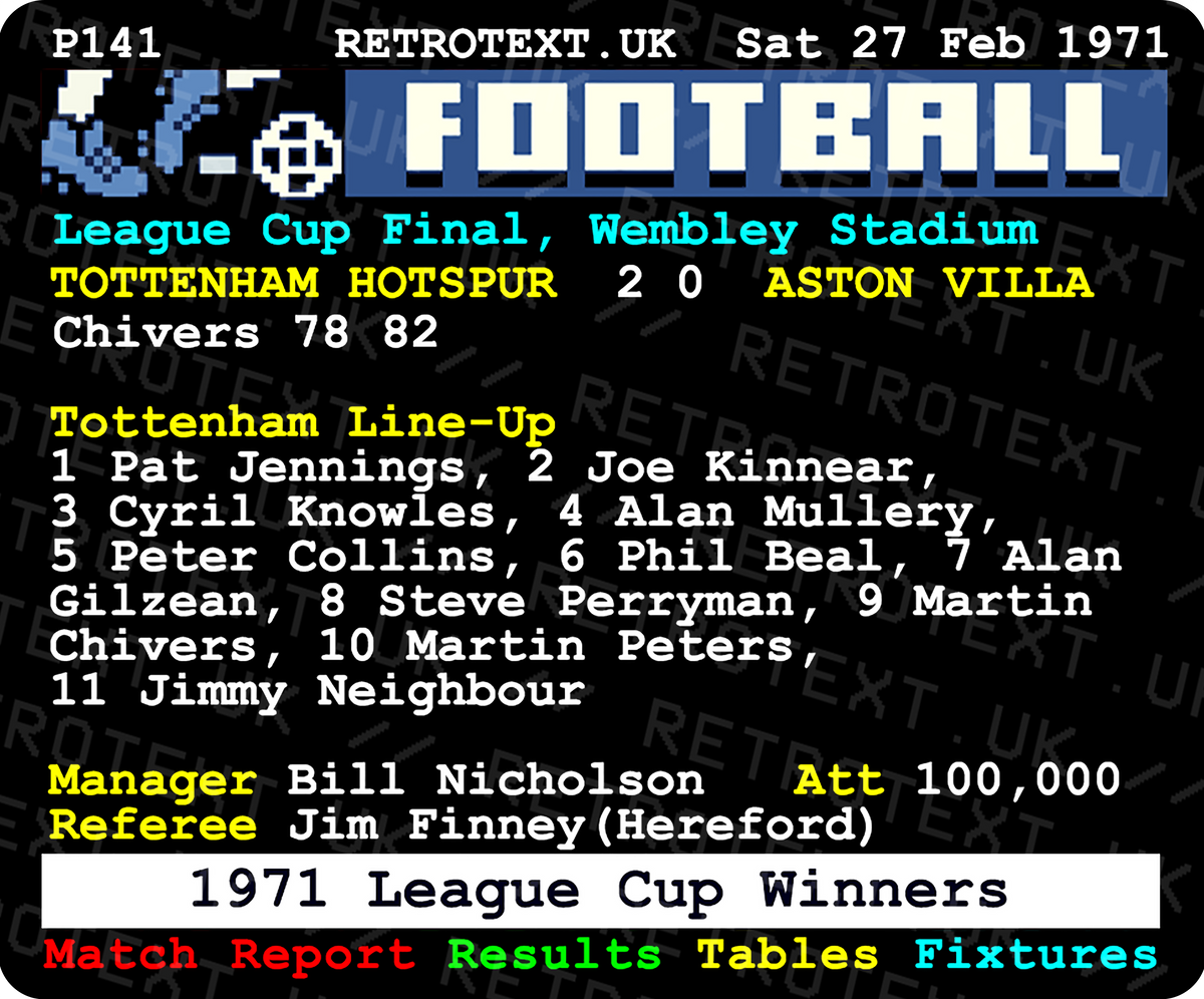 Retrotext Tottenham Hotspur 1971 League Cup final ceramic mug featuring iconic teletext match report and Bill Nicholson