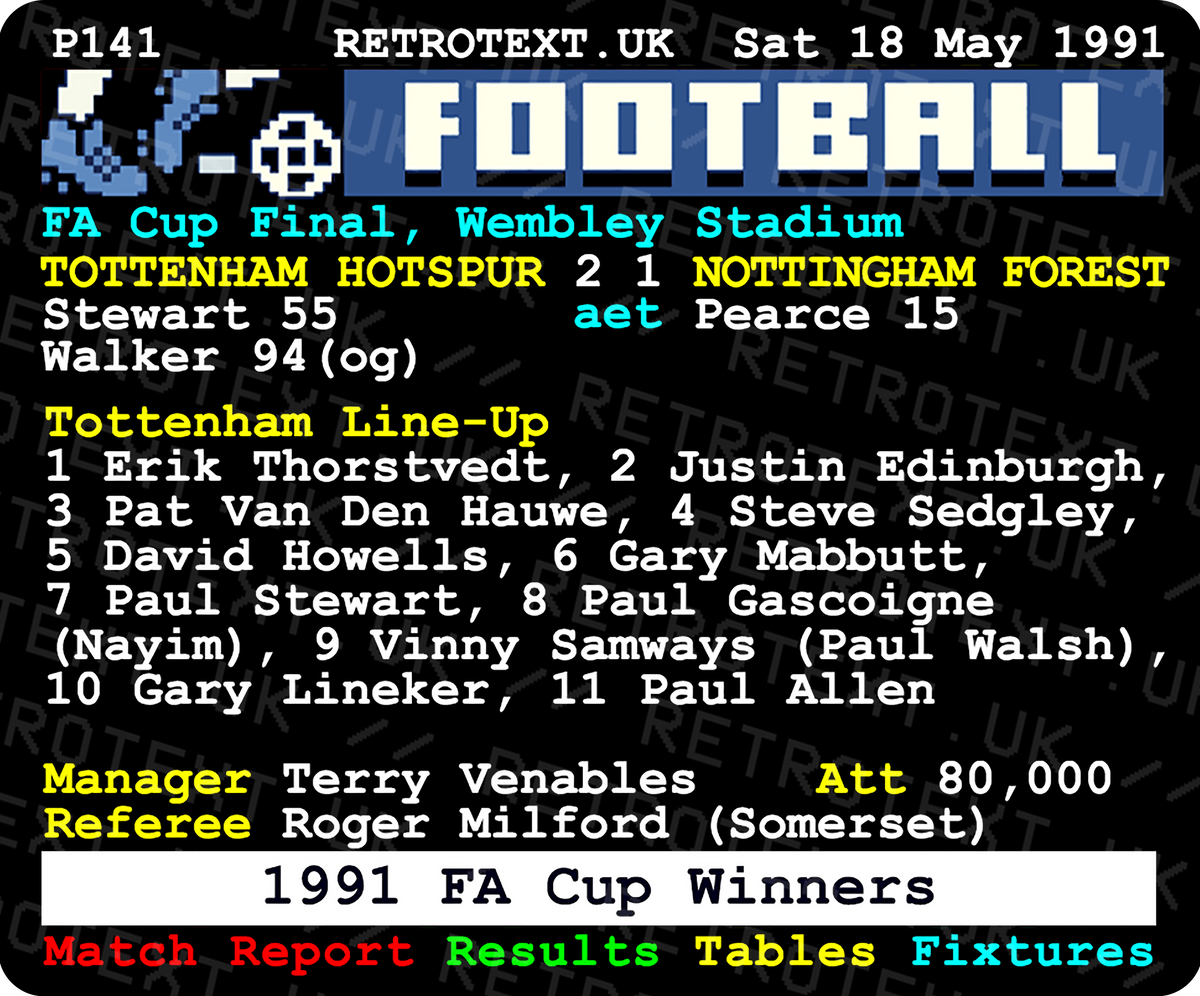 Retrotext Tottenham Hotspur 1991 FA Cup Winners mug featuring a vintage teletext match report design