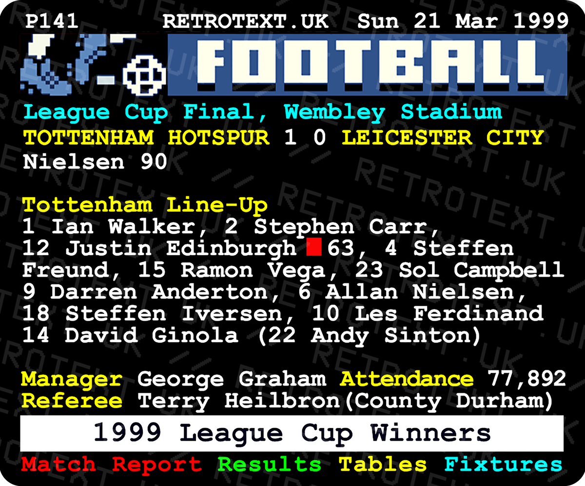 Retrotext Tottenham Hotspur 1999 League Cup final teletext design on a glossy white 11oz ceramic mug