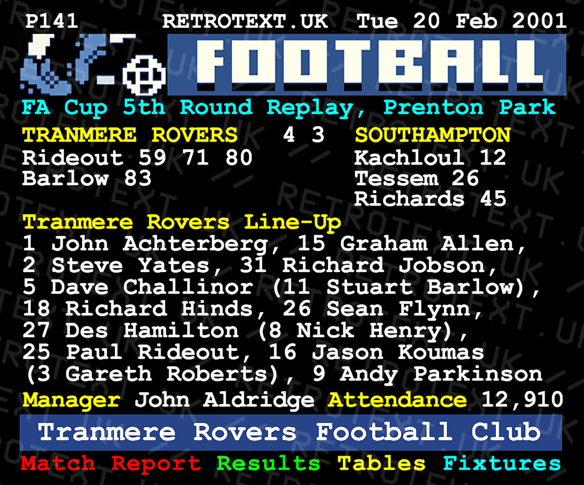 Retrotext Tranmere Rovers 2001 FA Cup Teletext mug featuring the 4-3 victory over Southampton on a glossy white finish.
