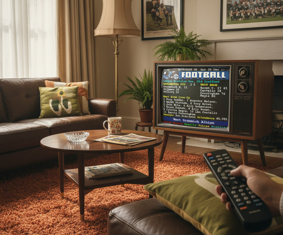 Retrotext ceramic mug featuring 1978 West Brom football teletext score on a coffee table in a vintage living room