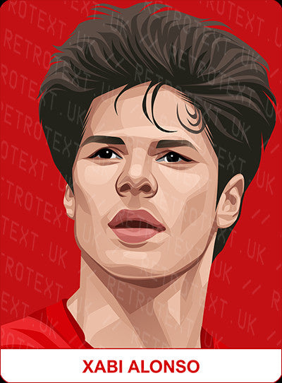 Retrotext personalised Liverpool Legends mug featuring a vibrant illustrated portrait of Xabi Alonso on a red background