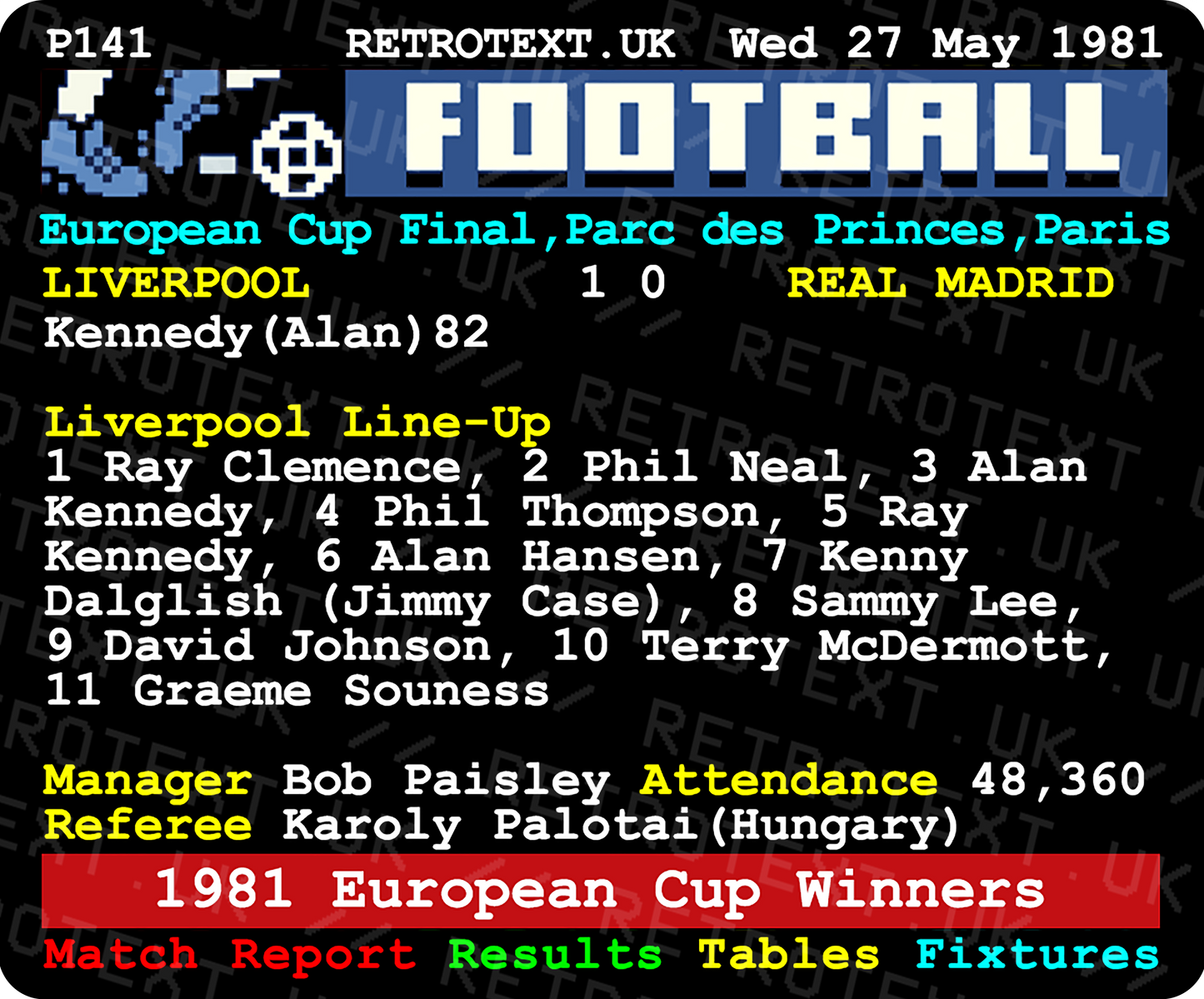 Liverpool 1981 European Cup Winners Bob Paisley Teletext Mug