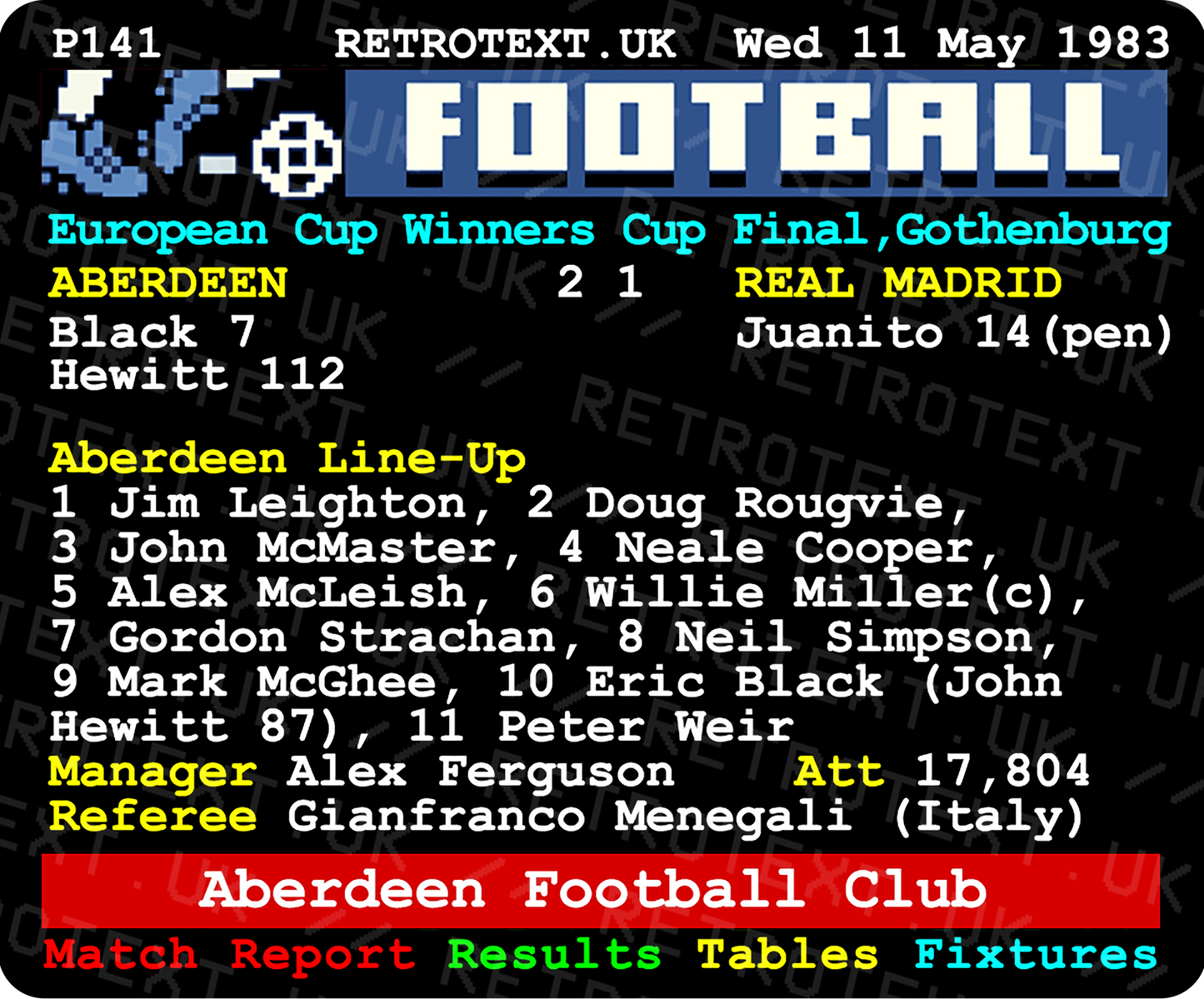 Aberdeen 1983 European Cup-Winners' Cup Willie Miller Teletext Mug