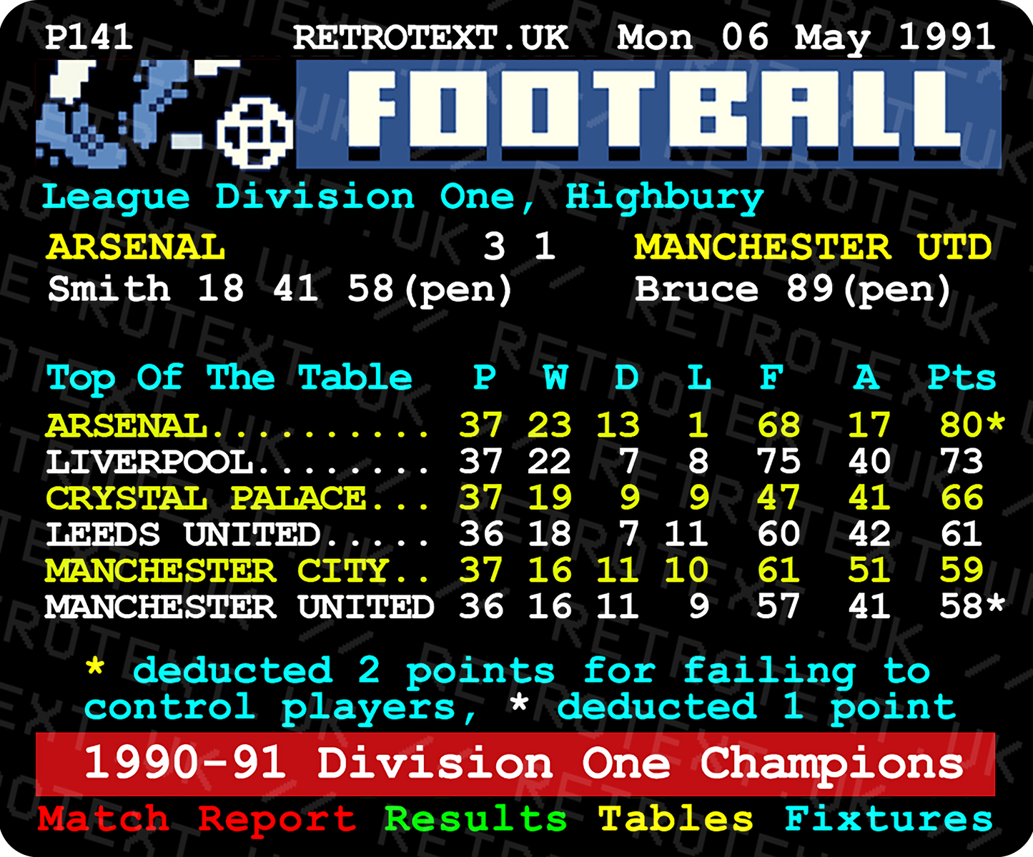 Arsenal 1991 Division One Champions George Graham Teletext Mug