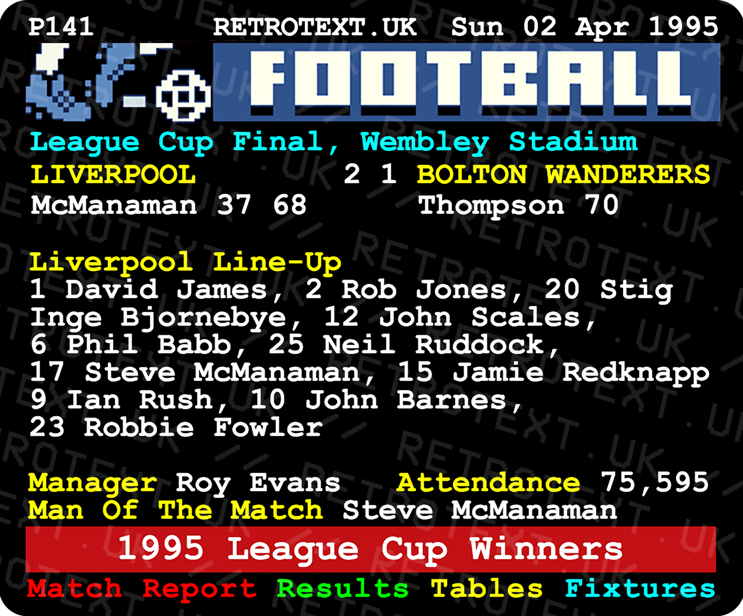 Liverpool 1995 League Cup Winners Teletext Mug