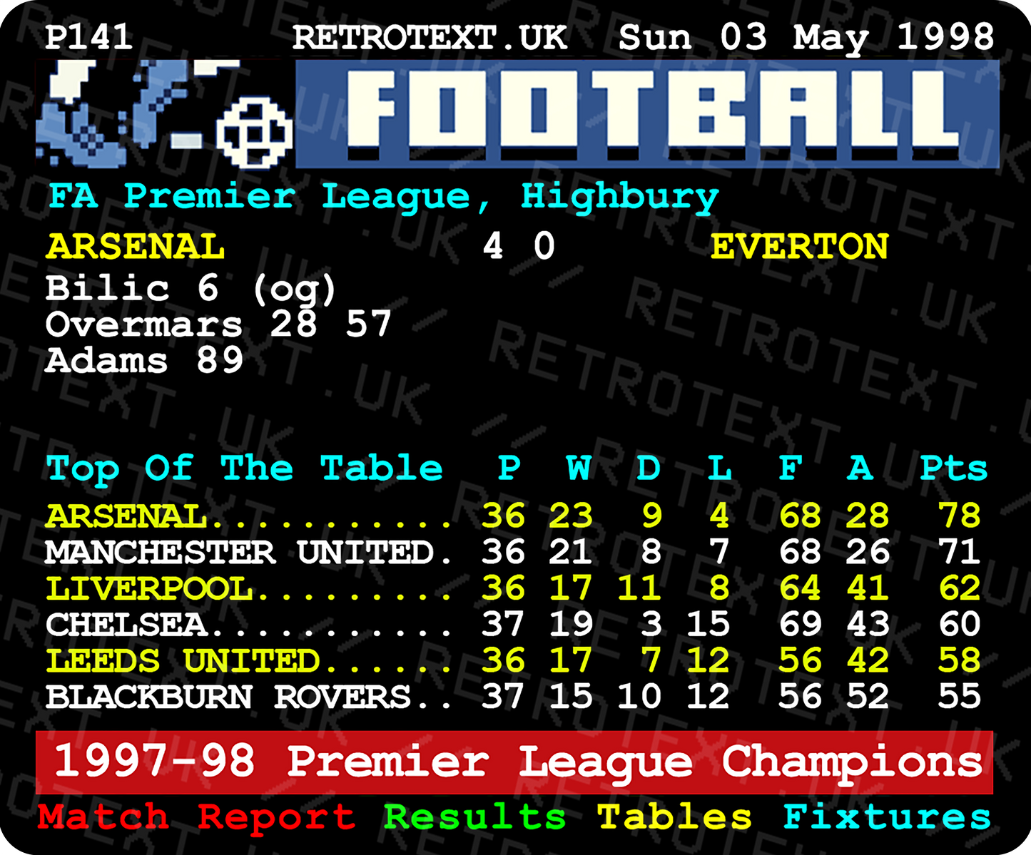 Arsenal 1998 Premier League Champions Arsene Wenger Teletext Mug Ceramic 11oz mug Retrotext