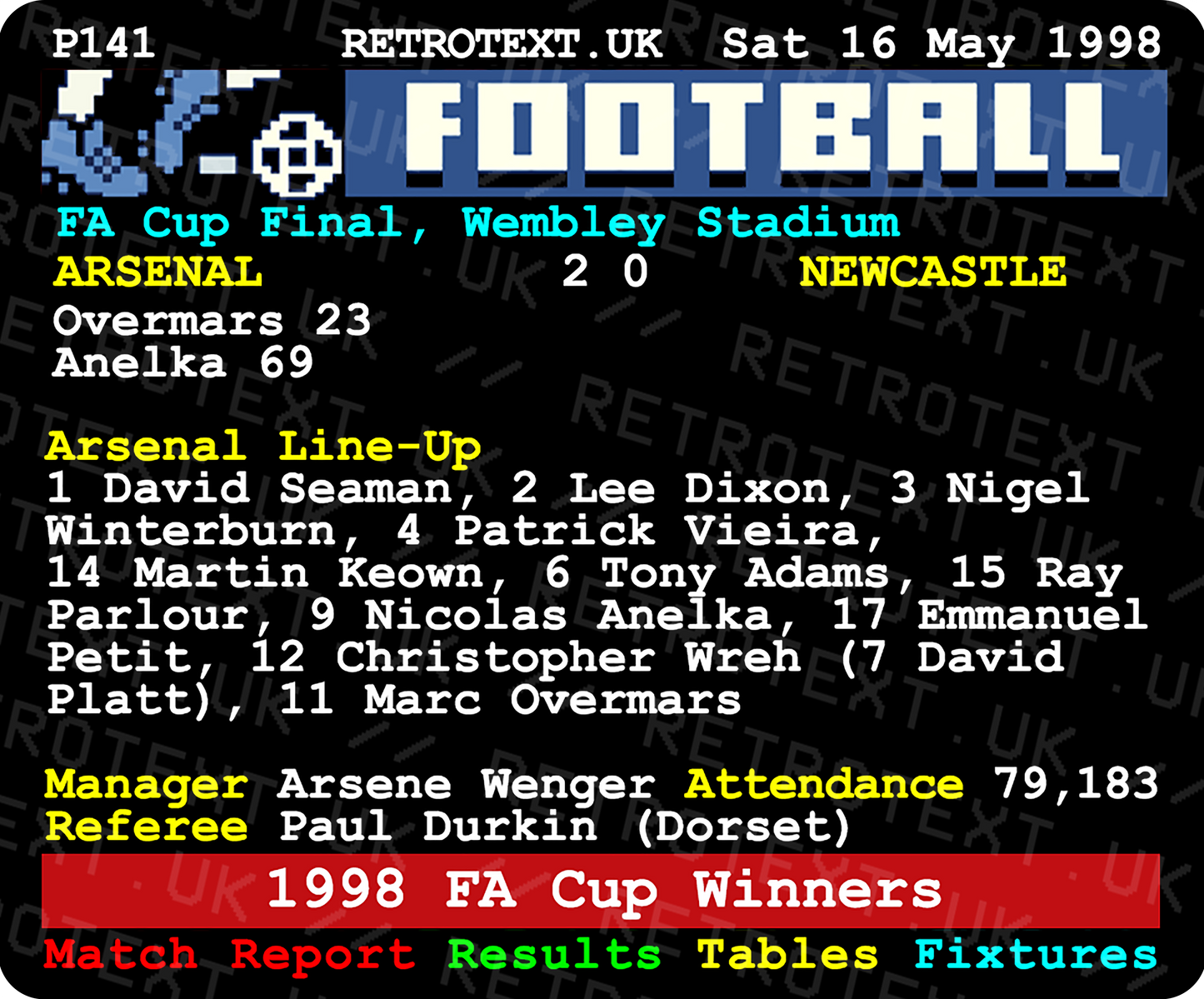 Arsenal 1998 FA Cup Winners Arsene Wenger Teletext Mug Ceramic 11oz mug Retrotext