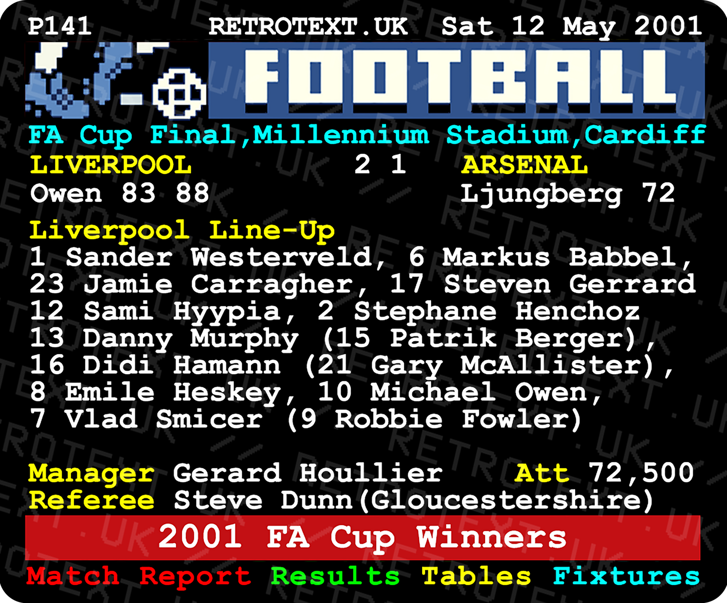 Liverpool 2001 FA Cup Winners Steven Gerrard Teletext Mug Ceramic 11oz mug Retrotext