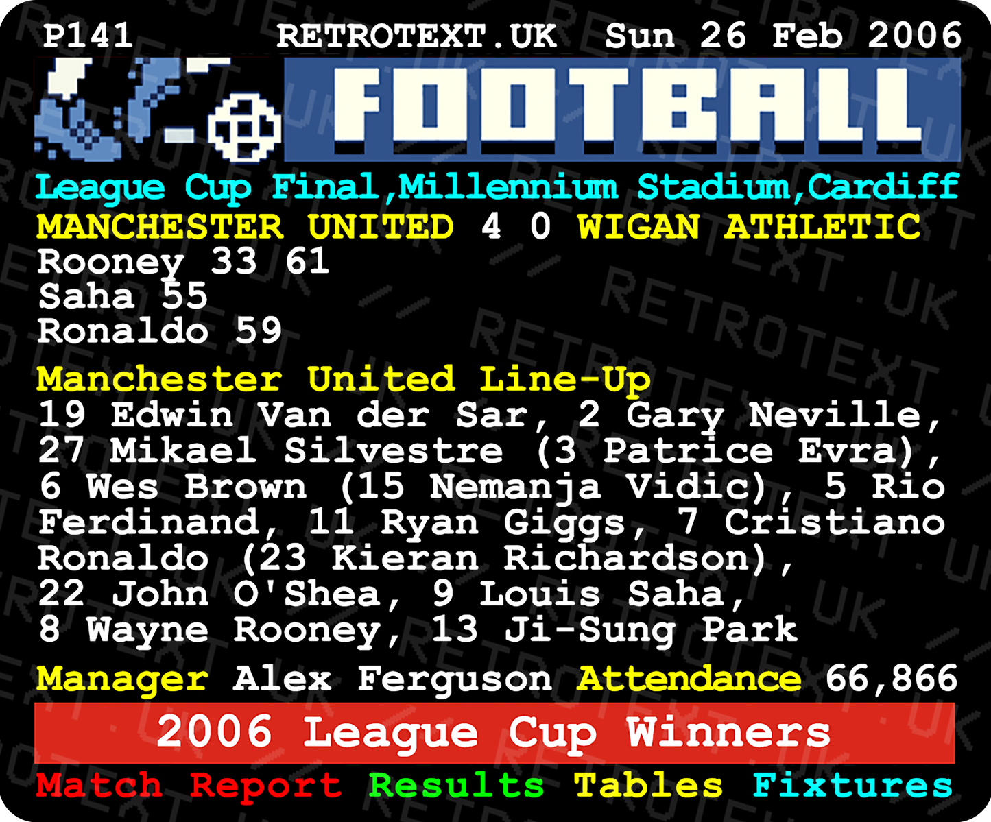 Manchester United 2006 League Cup Winners Alex Ferguson Teletext Mug