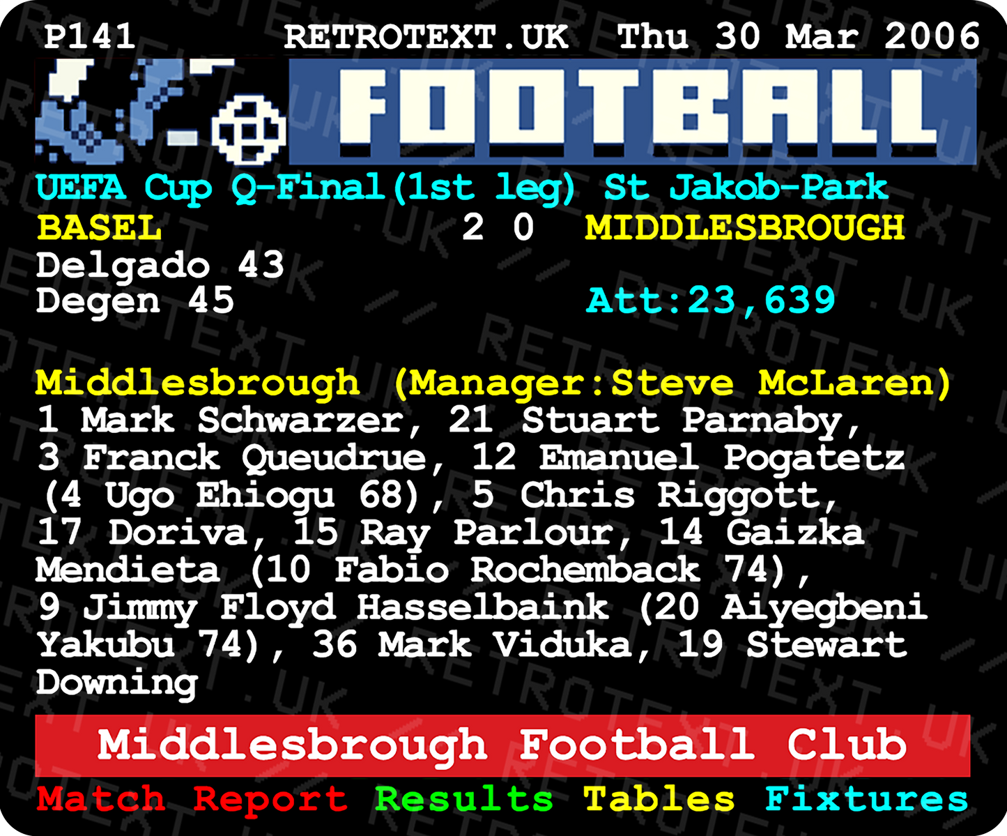 Middlesbrough 2006 UEFA Cup Quarter-Final Teletext Mug Ceramic 11oz mug Retrotext