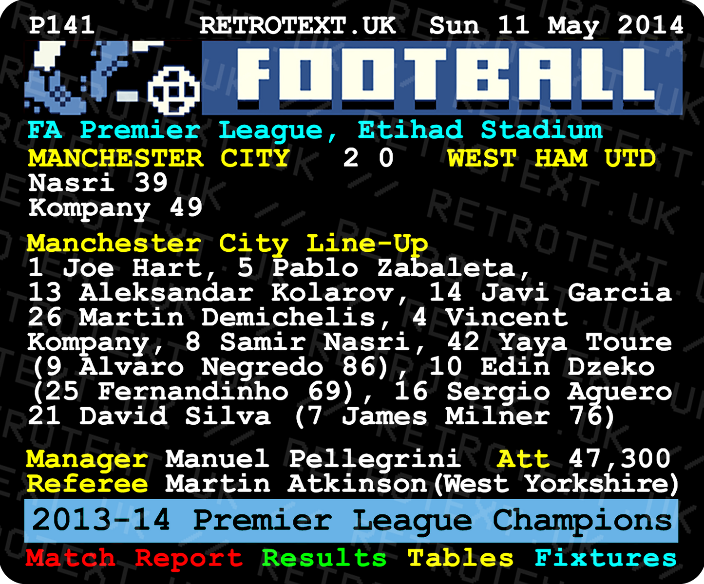 Manchester City 2014 Premier League Champions Teletext Mug