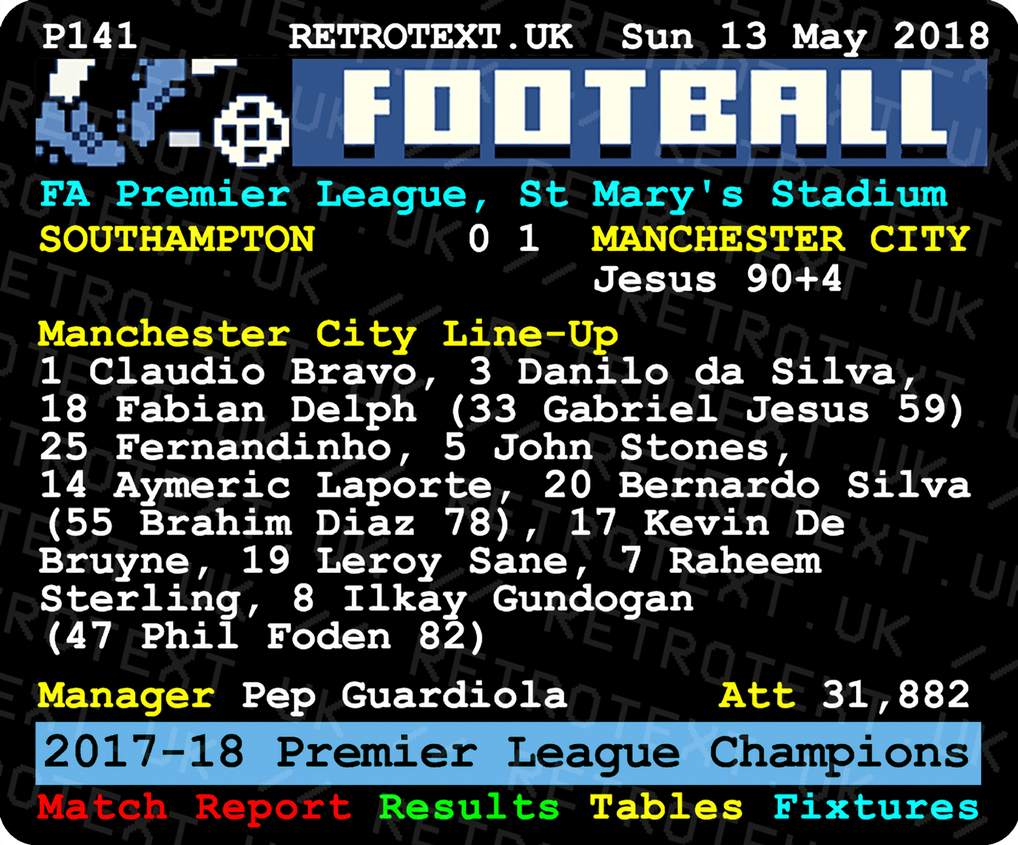 Manchester City 2018 Premier League Champions Pep Guardiola Teletext Mug