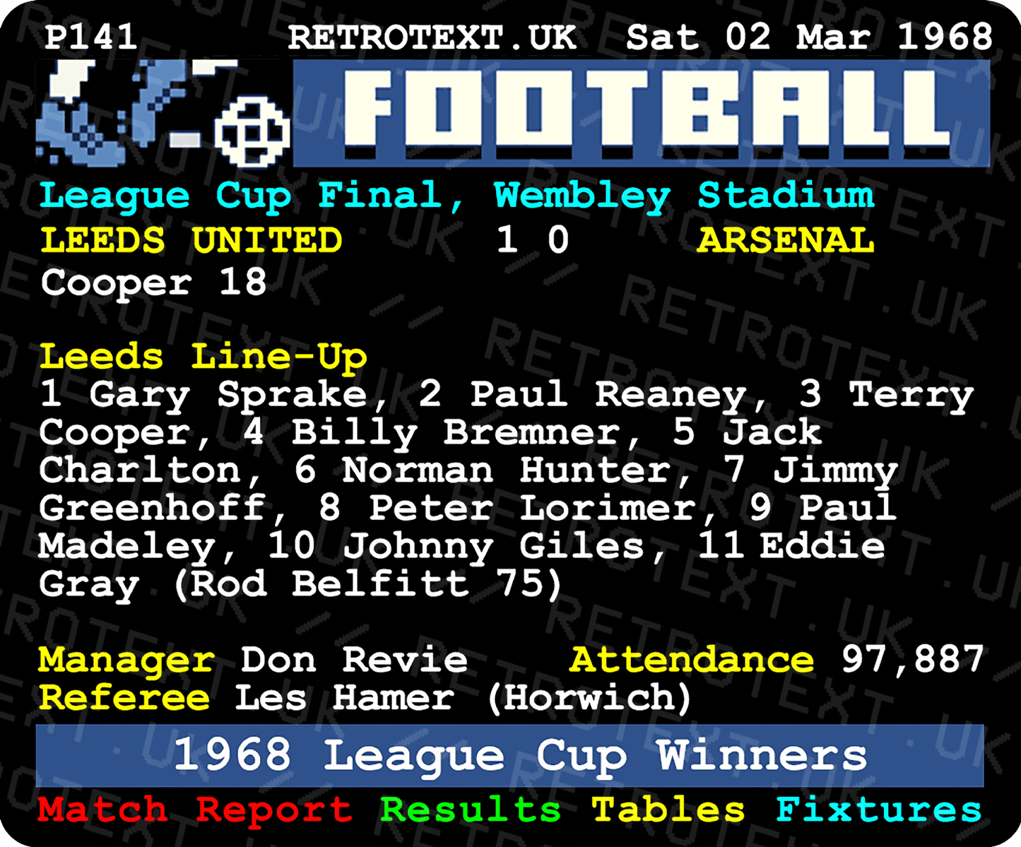 Leeds United 1968 League Cup Winners Don Revie Teletext Mug Ceramic 11oz mug Retrotext