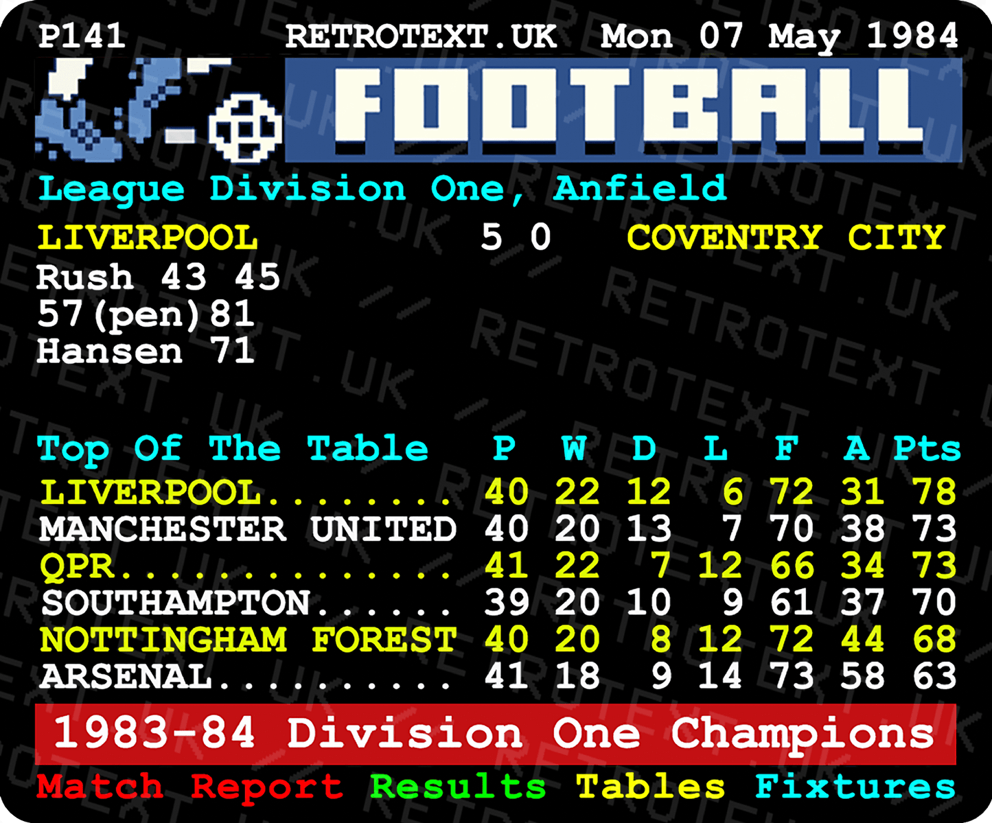 Liverpool 1984 Division One Champions Joe Fagan Teletext Mug