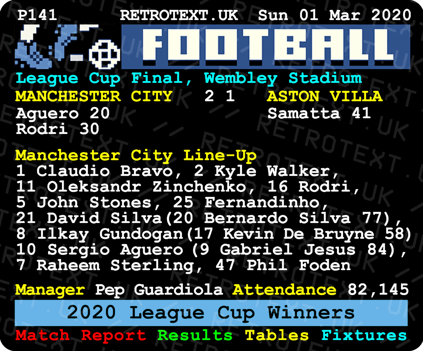 Manchester City 2020 League Cup Winners Pep Guardiola Teletext Mug Ceramic 11oz mug Retrotext