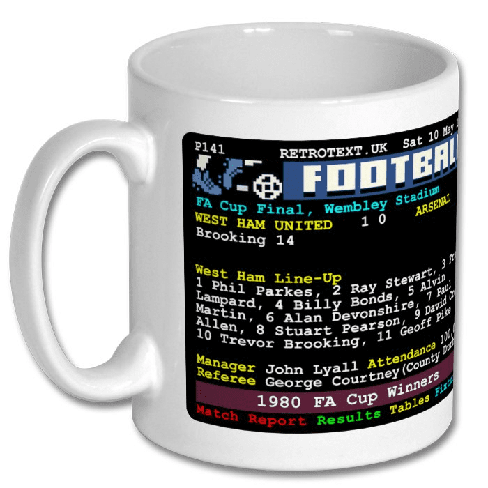 West Ham United 1980 FA Cup Winners Trevor Brooking Teletext Mug Ceramic 11oz mug Retrotext