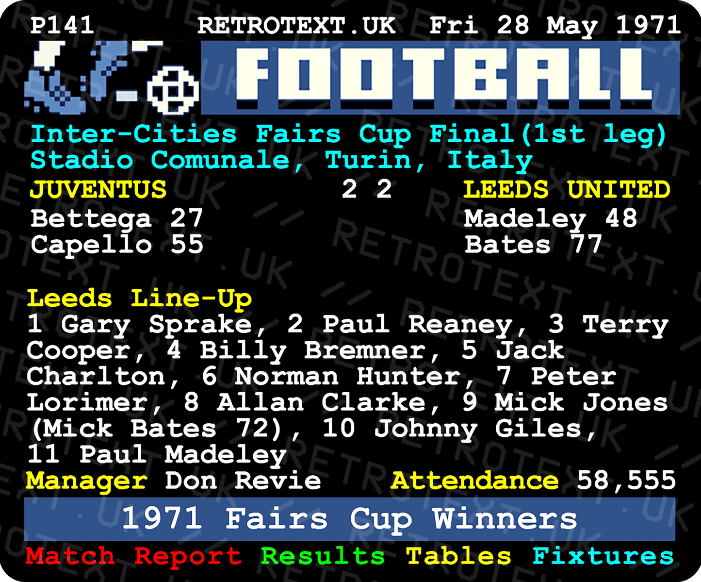 Leeds United 1971 Inter-Cities Fairs Cup Winners Teletext Mug