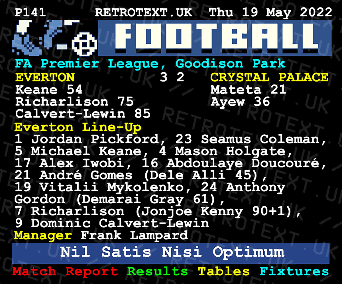 Retrotext Everton vs Crystal Palace 2022 match report teletext design on a glossy white 11oz ceramic mug