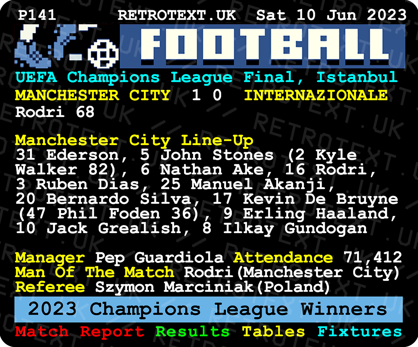 Manchester City 2023 Champions League Winners Pep Guardiola Teletext Mug