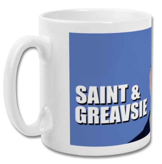 Retrotext Saint and Greavsie 11oz glossy white ceramic mug featuring a blue wraparound football television show design