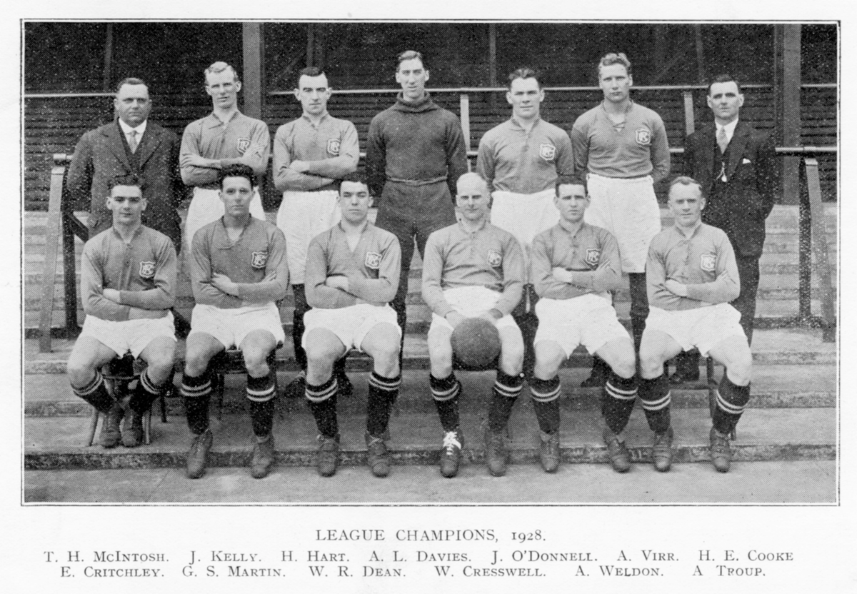 Retrotext vintage black and white team photograph of the 1928 Everton League Champions featuring Dixie Dean