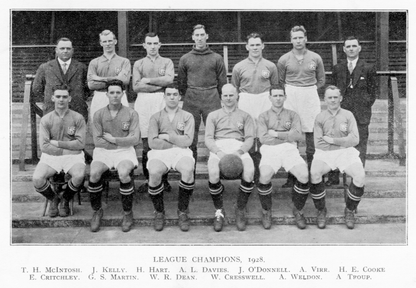 Retrotext vintage black and white team photograph of the 1928 Everton League Champions featuring Dixie Dean