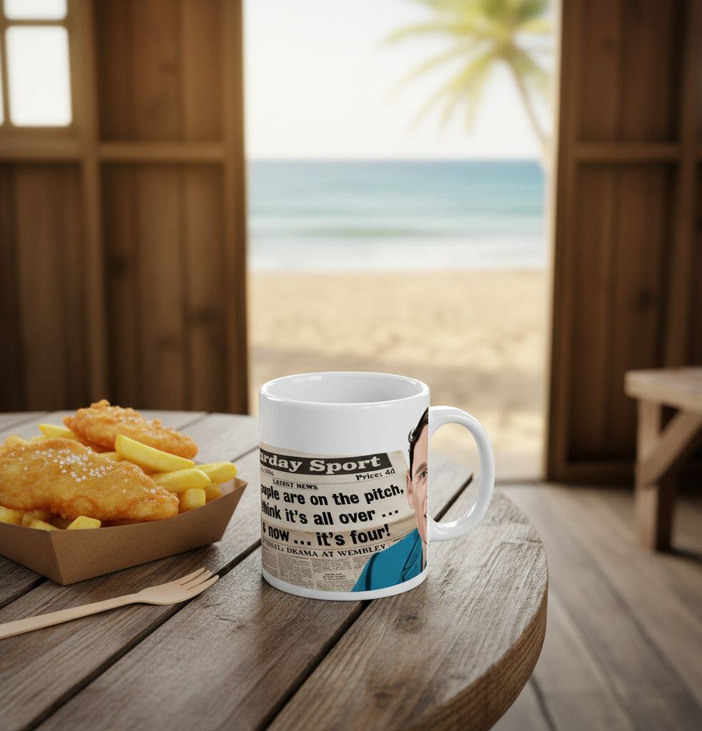 Retrotext 11oz glossy white mug featuring 1966 Kenneth Wolstenholme quote on a table with fish and chips by the beach.