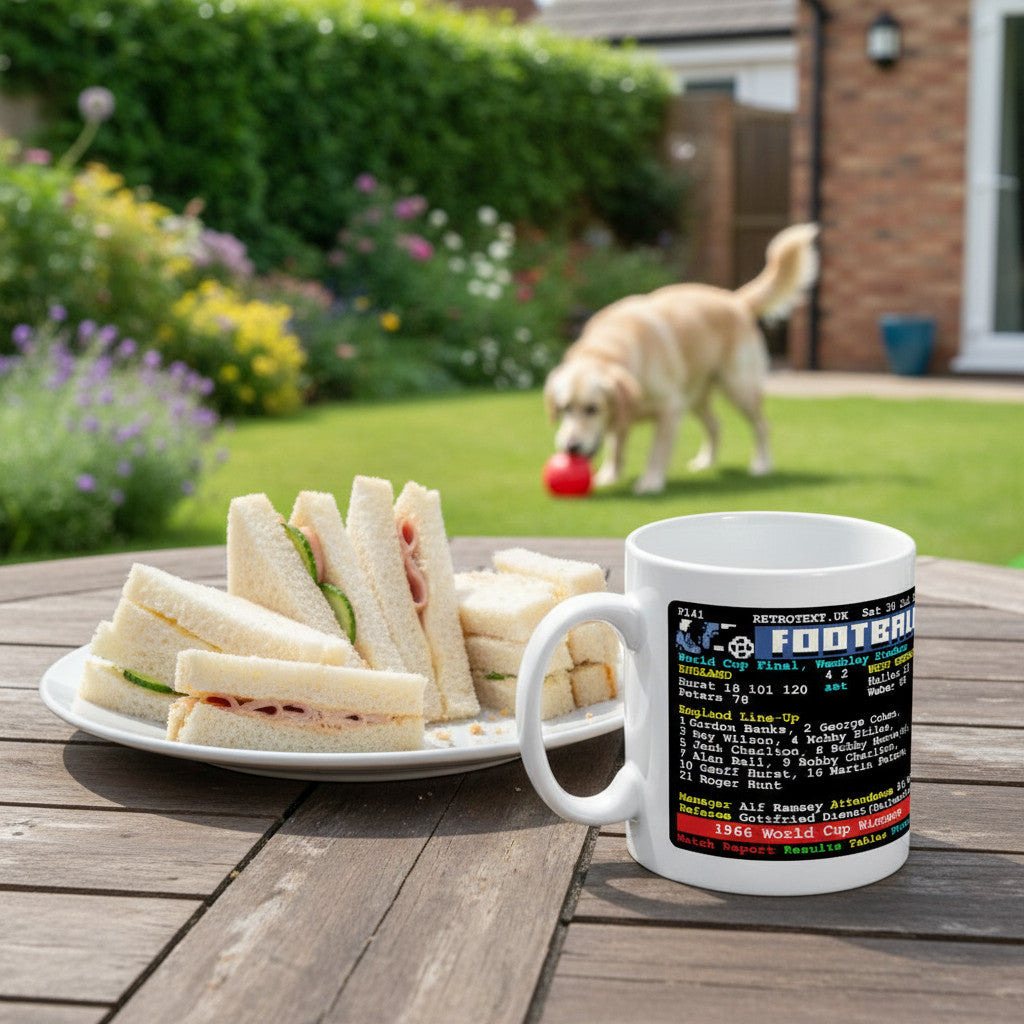 Retrotext England 1966 World Cup Winners teletext ceramic mug on a garden table next to a plate of sandwiches.