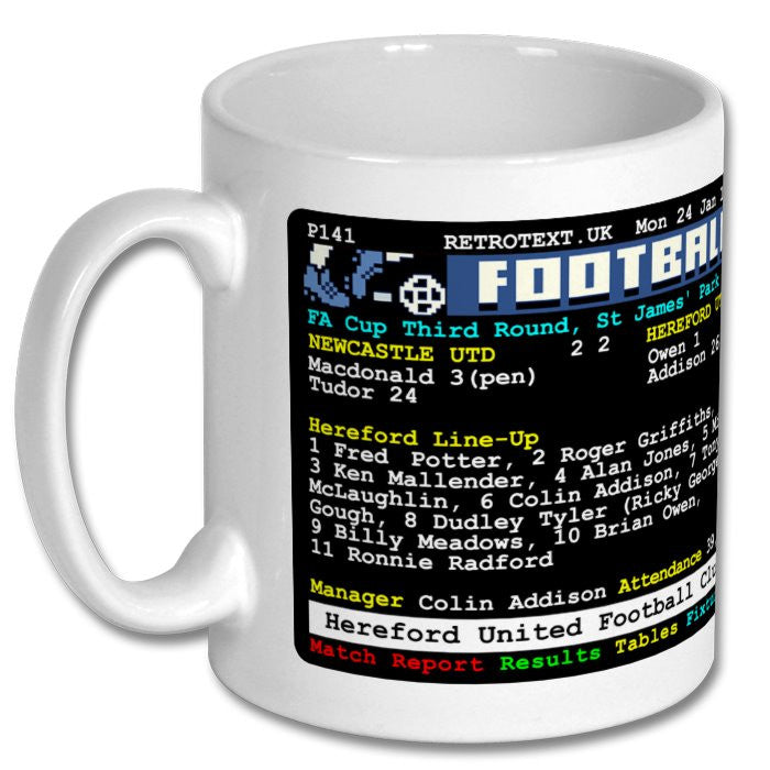 Retrotext 11oz glossy white ceramic mug featuring a 1972 FA Cup Hereford Utd vs Newcastle Utd Teletext match report