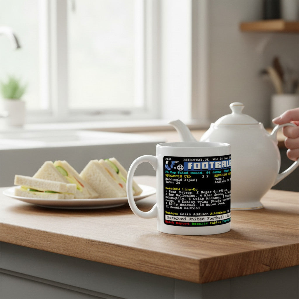 Retrotext 11oz glossy white ceramic mug featuring 1972 FA Cup Hereford Utd vs Newcastle Utd teletext match report