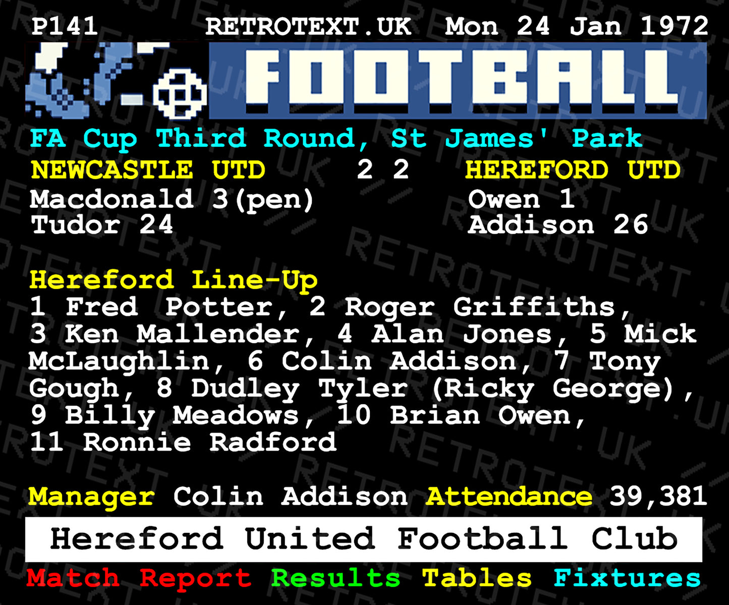 Retrotext 1972 FA Cup Hereford Utd vs Newcastle Utd Teletext design on a glossy white 11oz ceramic mug