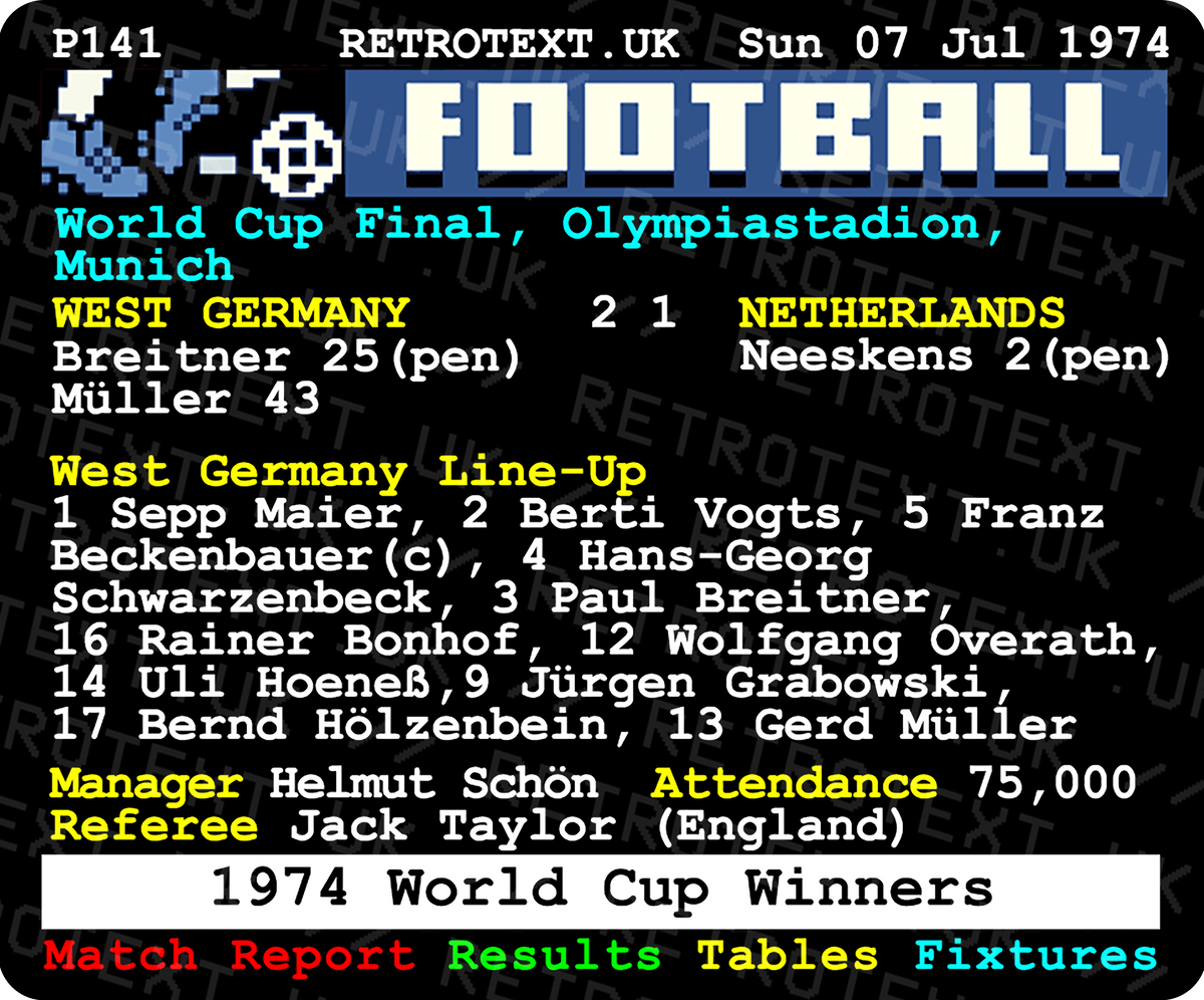 Retrotext 11oz glossy white mug featuring a 1974 World Cup final Germany vs Netherlands teletext match report design
