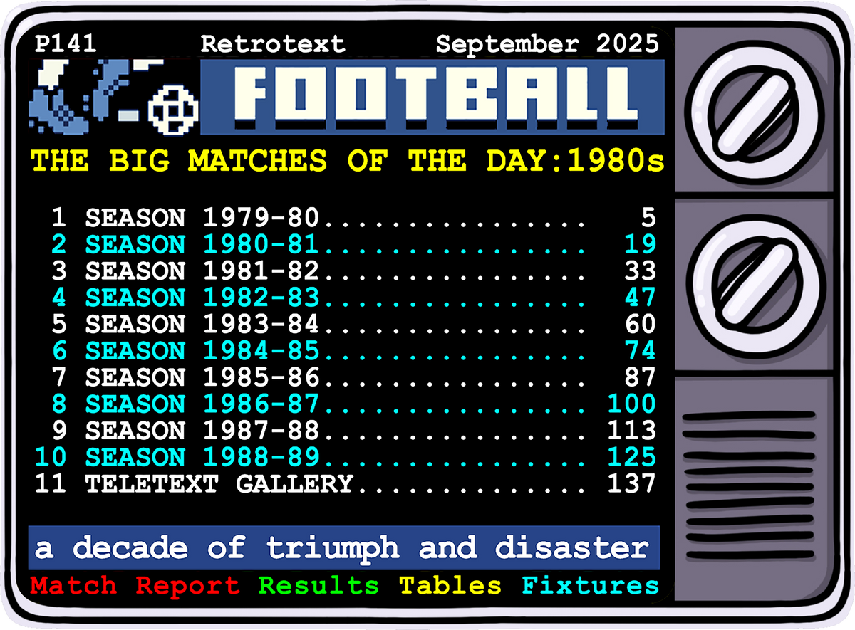 Retrotext The Big Matches Of The Day 1980s book cover featuring a retro television design with a season index list.