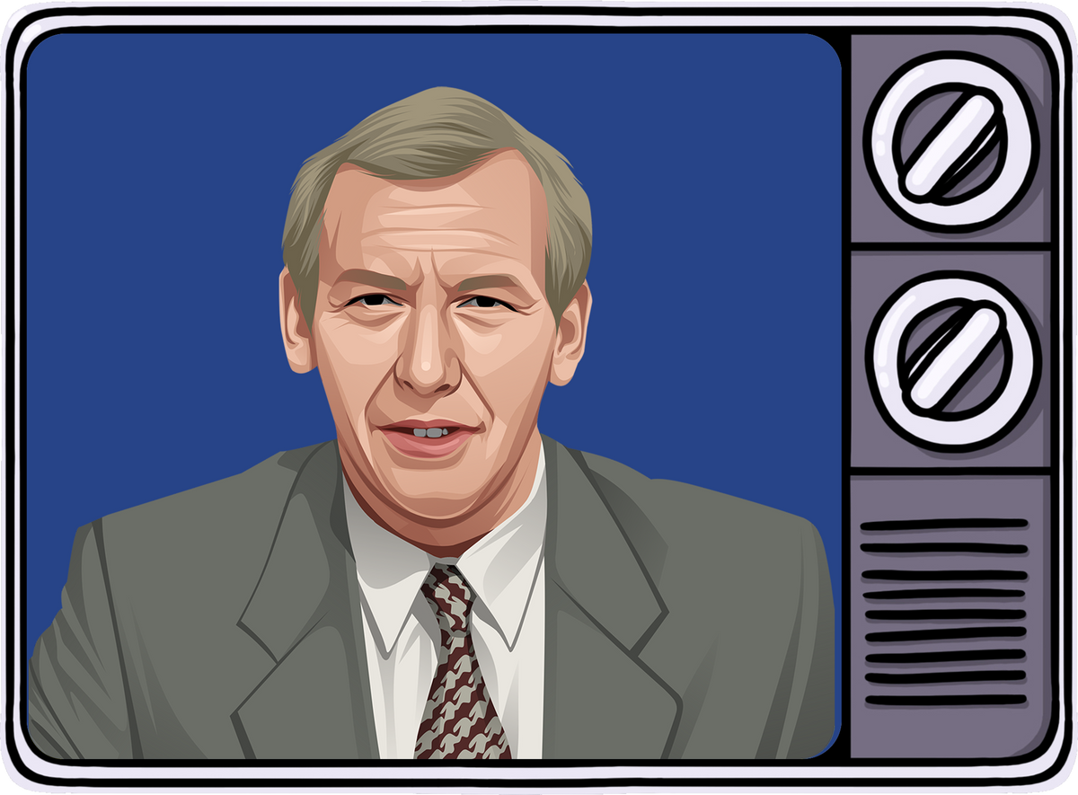 Retrotext illustration of a 1980s television presenter in a suit and patterned tie inside a vintage TV frame