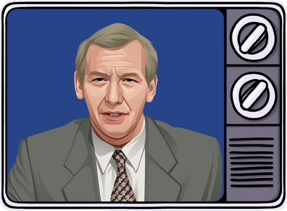 Retrotext illustration of a 1980s television presenter in a suit and patterned tie inside a vintage TV frame