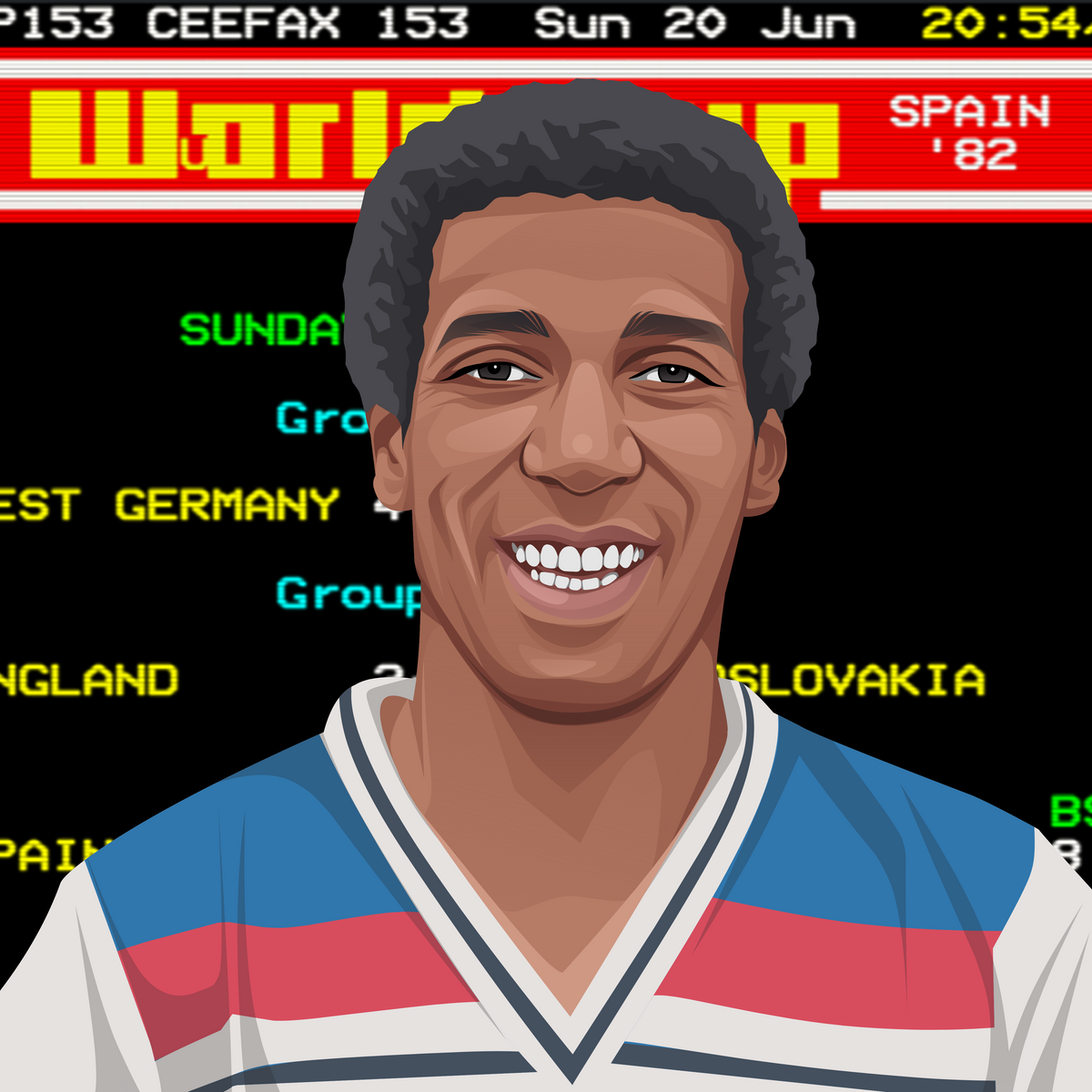 Retrotext book cover featuring a 1980s football player illustration against a vintage Ceefax World Cup scoreboard